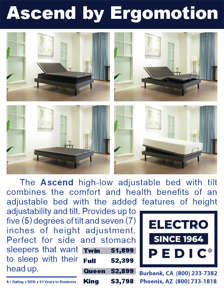 The Ascend Electric Adjustable Bed with 3 motor hi-low and Tilt from Electropedic in Burbank