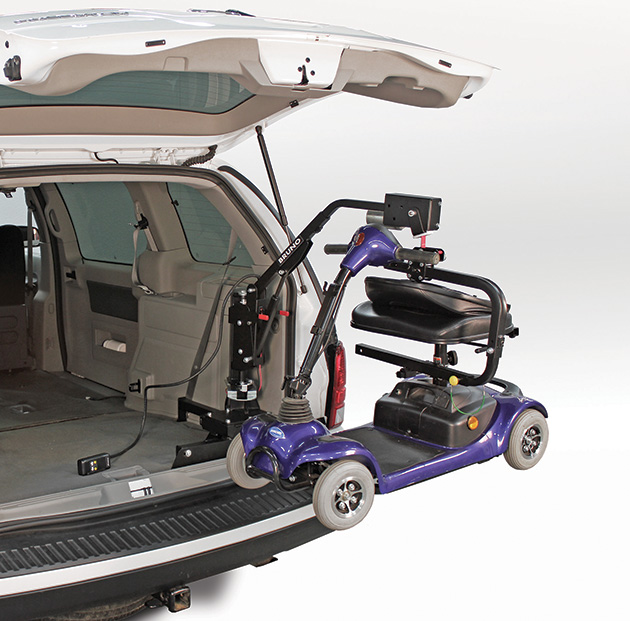 Burbank Electropedic carrier trailer scooter lift city hitch class 3 outside exterior van suv rv car truck gm chevrolet toyota vw mobility reumbusement